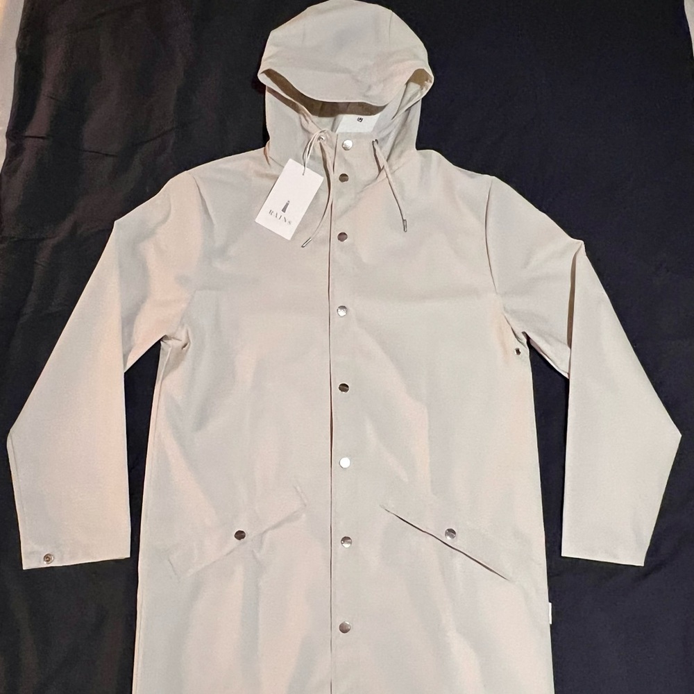 RAINS Off White Long Raincoat Hooded Button Up Lightweight Jacket For Women S/XS